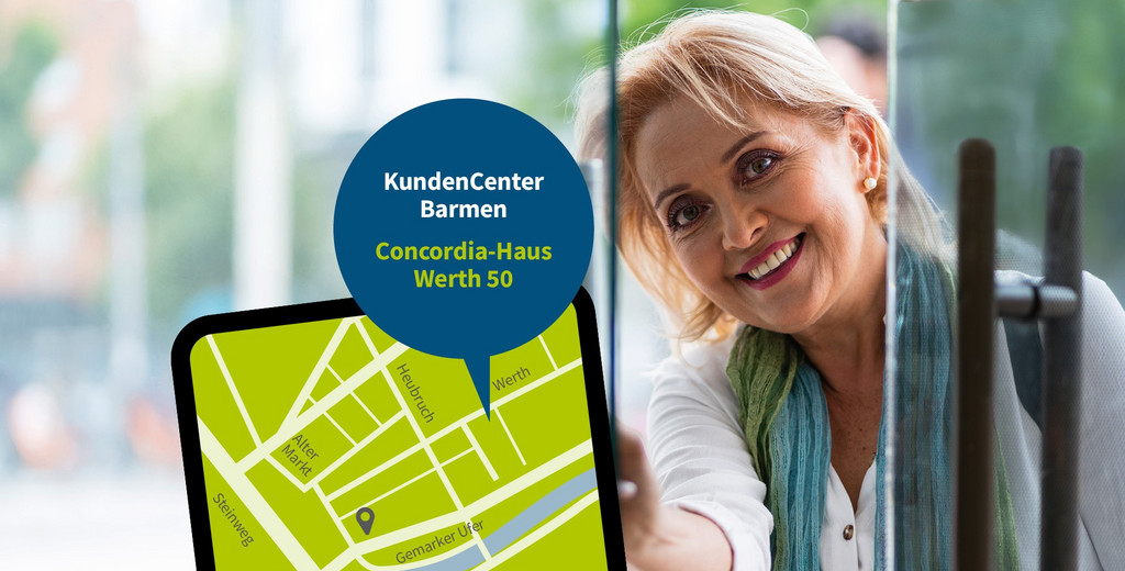 Die neue Adresse unseres Kundencenters Werth 50, 42275 Wuppertal, ist aufgeführt. Besserer Überblick