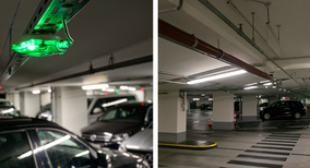 Freie und besetzte Parkplätze im WSW Parkhaus Hauptbahnhof in Wuppertal sind durch farbige Lichter gekennzeichnet.